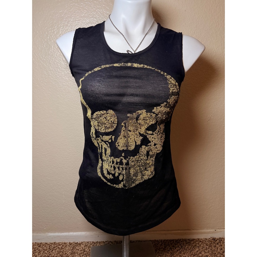 Y2K Rebellious One Womens Glitter BEAD Skull Graphic Tank Top XS Sleeveless #7